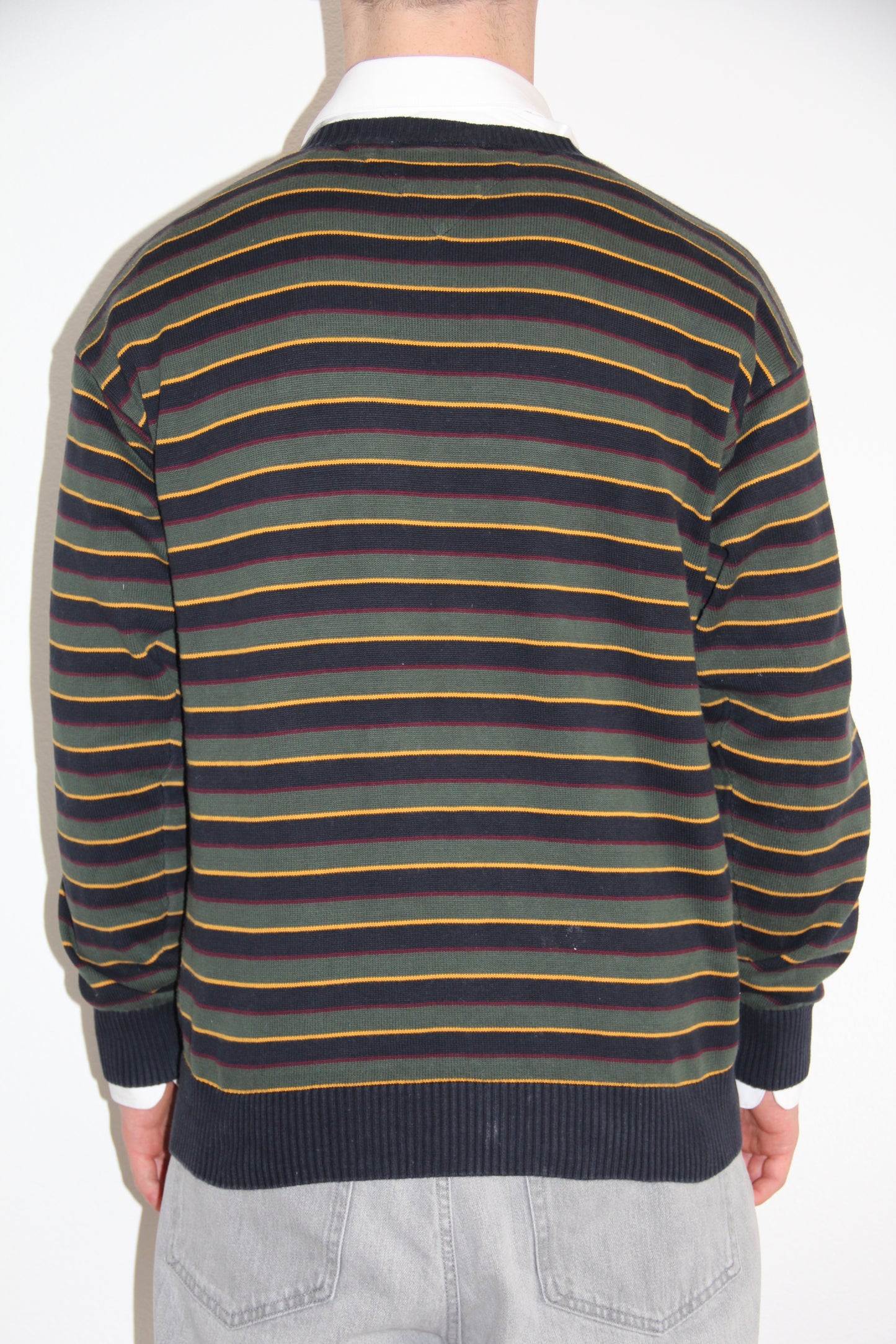 Vintage Tommy Hilfiger Strickpullover – Dunkelgrün/Gold Gestreift