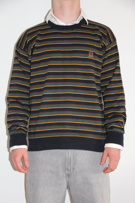 Vintage Tommy Hilfiger Strickpullover – Dunkelgrün/Gold Gestreift