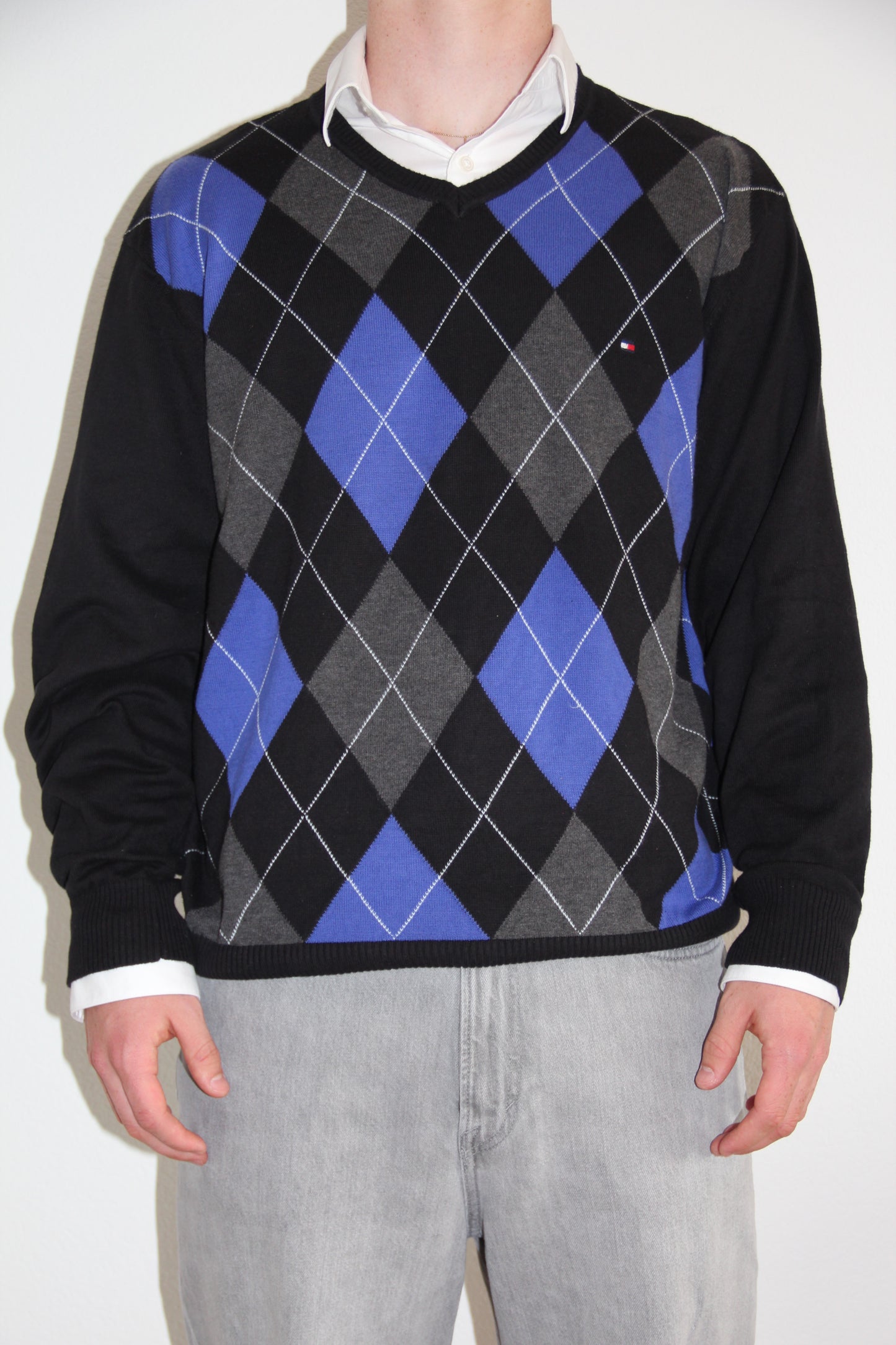 Vintage Tommy Hilfiger Pullover  – Argyle Blau/Grau/Schwarz