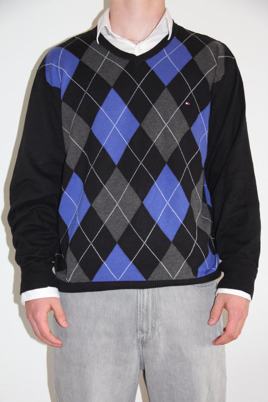 Vintage Tommy Hilfiger Pullover  – Argyle Blau/Grau/Schwarz