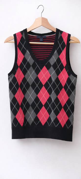 Vintage Tommy Hilfiger Argyle Pullunder – Schwarz / Grau / Rot
